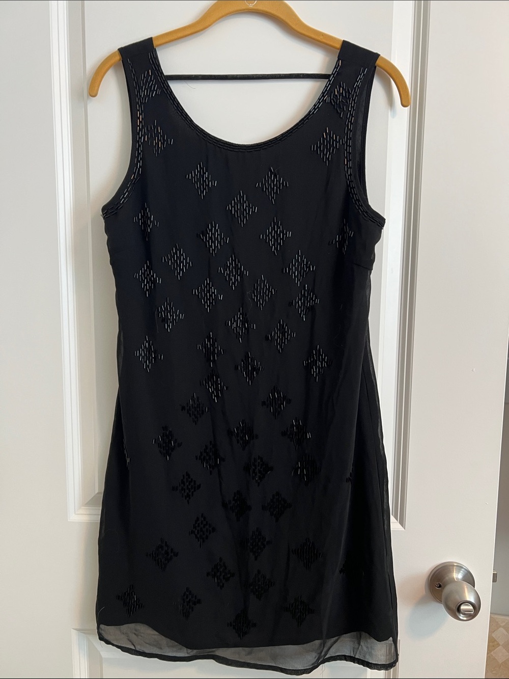 C. Luce Women’s Small Black Beaded Open Back Shift Dress Geometric Cocktail